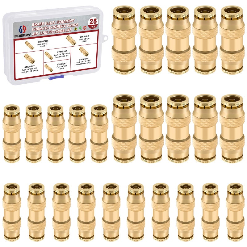 Boeray 25pcs Quick Connect Brass DOT Air Line Fittings Straight Union 14 38 Tube Push to Connect Fittings Air Suspension Fittings Straight Air Brake Union Push Lock Pneumatic Air Hose Fittings - Image 2