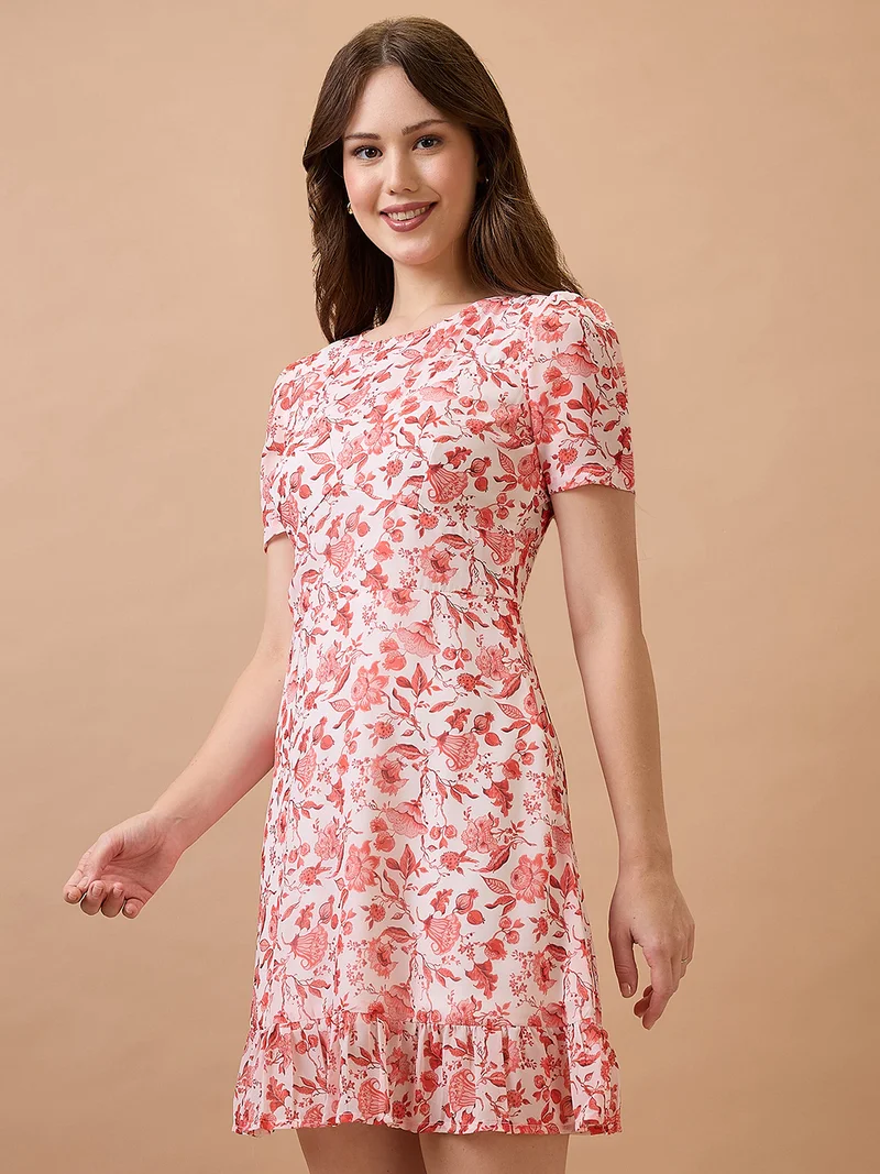 globus Women Floral Printed Round Neck Short Puff Sleeves Fit & Flare Mini Dress