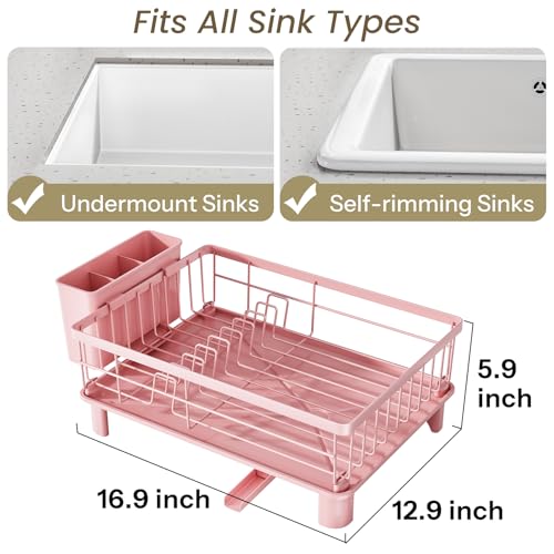 SNTD Dish Drying Rack - Small Dish Rack for Kitchen Counter, Stainless Steel Dish Drainer with Utensil Holder and Drainboard, 12.9" W x 16.9" L (Pink) - Image 2