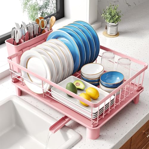 SNTD Dish Drying Rack - Small Dish Rack for Kitchen Counter, Stainless Steel Dish Drainer with Utensil Holder and Drainboard, 12.9" W x 16.9" L (Pink) - Image 1