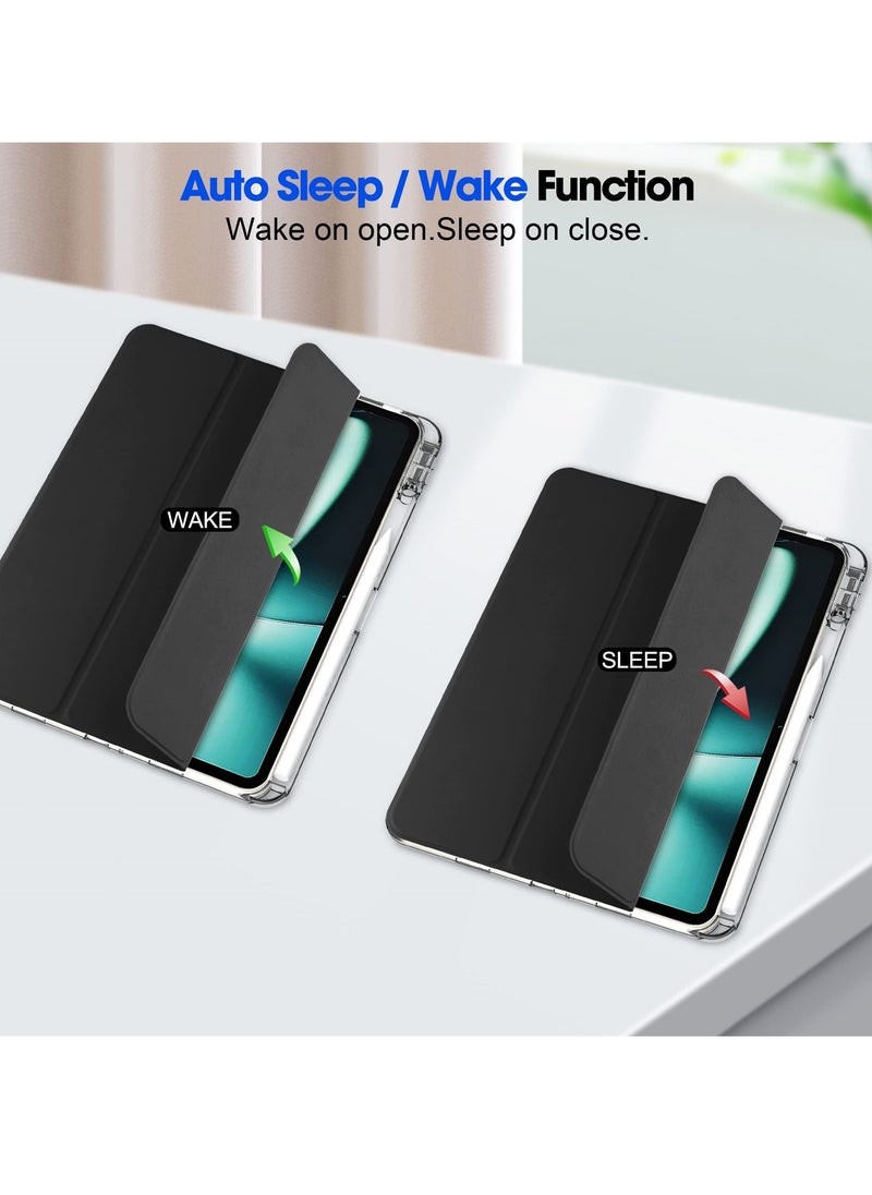 Sleek Black Slim Case with Pen Holder for OnePlus Pad 11.6" and Oppo Pad 2, Transparent Trifold Hard Shell Cover
