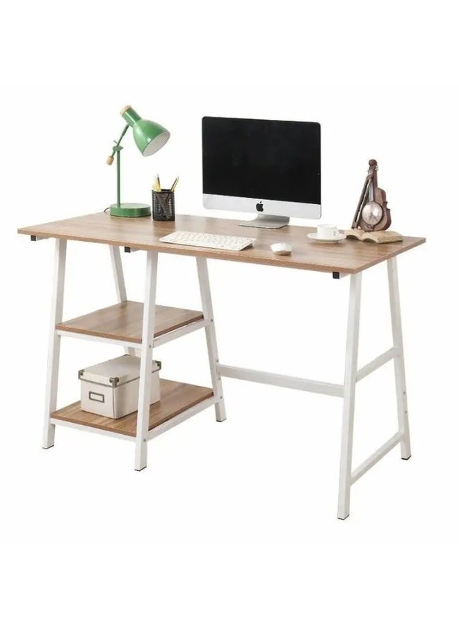 Study desk, white steel frame, beige wood top, 3 levels