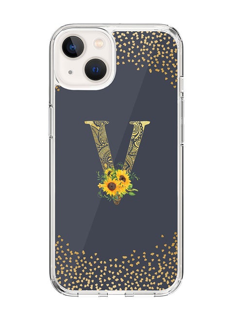 Classic Clear Case For iPhone 14 Plus, Hybrid Soft Case Thin Cover- Custom Monogram Initial Letter Mandala Floral Pattern Alphabet - V ( Grey)