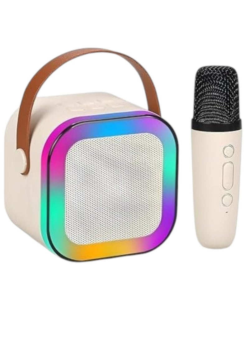 جهاز كاريوكي صغير للأطفال والكبار، مكبر صوت كاريوكي محمول يعمل بالبلوتوث مع ميكروفون لاسلكي واحد وأضواء LED ملونة، هدايا كاريوكي للفتيات والأولاد لحفلات أعياد الميلاد المنزلية (بيج) - Image 1