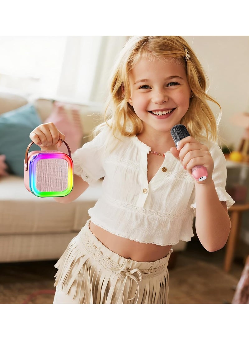 جهاز كاريوكي صغير للأطفال والكبار، مكبر صوت كاريوكي محمول يعمل بالبلوتوث مع ميكروفون لاسلكي واحد وأضواء LED ملونة، هدايا كاريوكي للفتيات والأولاد لحفلات أعياد الميلاد المنزلية (بيج) - Image 2