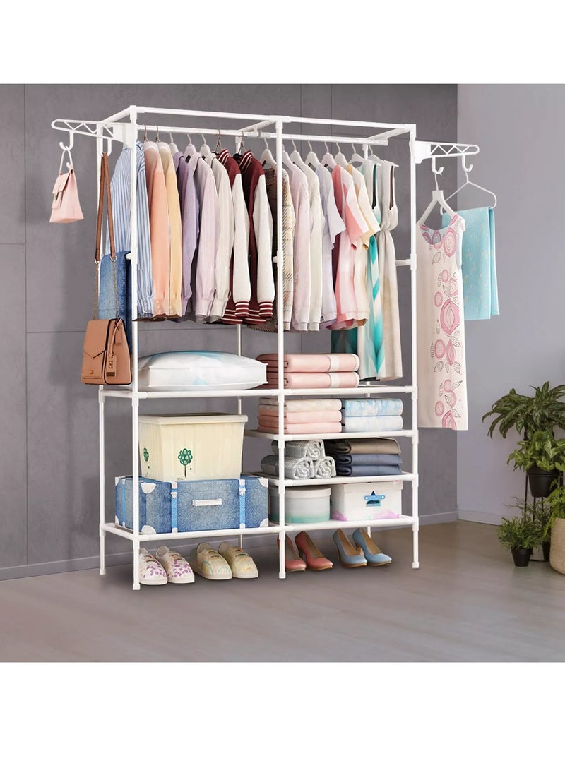 Clothes Rail with 6-Tier Storage Shelf 4 Hooks,Garment Rack,Heavy Duty Garment Clothes Rack Hanging Rail Cloth Rack Dryer Freestanding Wardrobe for Dressing Room or Bedroom (White) - Image 4