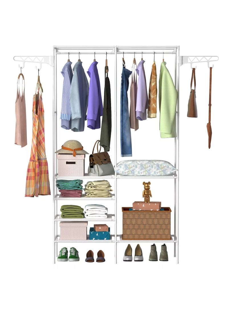 Clothes Rail with 6-Tier Storage Shelf 4 Hooks,Garment Rack,Heavy Duty Garment Clothes Rack Hanging Rail Cloth Rack Dryer Freestanding Wardrobe for Dressing Room or Bedroom (White) - Image 1