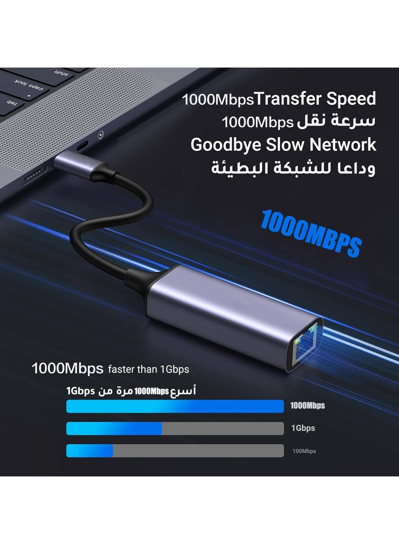 USB C to Ethernet Adapter 1000Mbps,Ethernet Adapter for Laptop,Aluminum, Type C (Thunderbolt 4/3) to LAN Network Adapter Rj45, Compatible with MacBook Air/Pro,XPS,iPhone 15/Plus/Pro/Max - Image 2