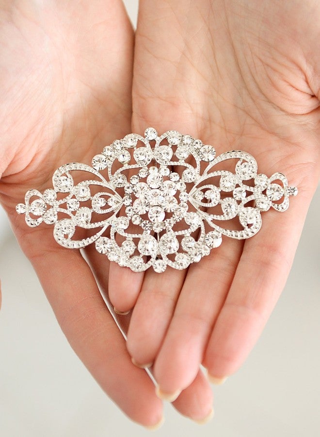 Mariell Vintage Bridal Crystal Brooch Pin, 4" Wide, Antique Silver Wedding Pin, Rhinestone Brooch for Brides and Wedding, Art Deco Fashion Accessory - Image 2