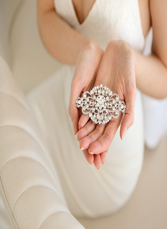 Mariell Vintage Bridal Crystal Brooch Pin, 4" Wide, Antique Silver Wedding Pin, Rhinestone Brooch for Brides and Wedding, Art Deco Fashion Accessory - Image 4