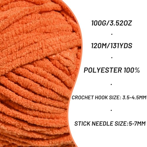 Sekafris Plush Chunky Chenille Yarn for Crocheting Amigurumi, Soft Fluffy Velvet Yarn for Crocheting, Fuzzy Baby Blanket Knitting 100g/131yds Bulky（Orange） - Image 2