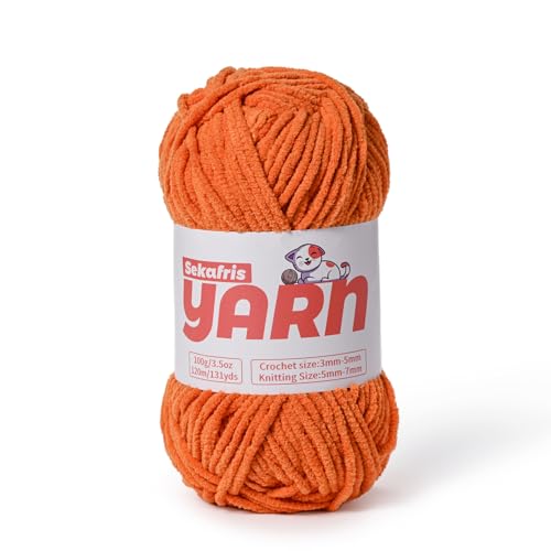 Sekafris Plush Chunky Chenille Yarn for Crocheting Amigurumi, Soft Fluffy Velvet Yarn for Crocheting, Fuzzy Baby Blanket Knitting 100g/131yds Bulky（Orange） - Image 1