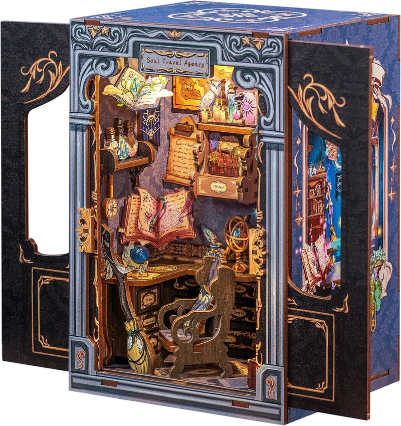 CUTEBEE Book Nook Kit - DIY Miniature House Dollhouse Kit for Adults and Teens, Booknook Tiny House Bookshelf Decor 3D Wooden Puzzle, Gifts for Family Friends (Soul Travel Agency) - Image 1