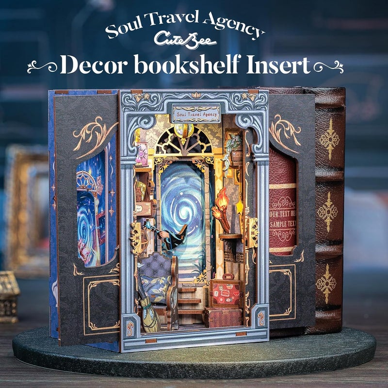 CUTEBEE Book Nook Kit - DIY Miniature House Dollhouse Kit for Adults and Teens, Booknook Tiny House Bookshelf Decor 3D Wooden Puzzle, Gifts for Family Friends (Soul Travel Agency) - Image 3