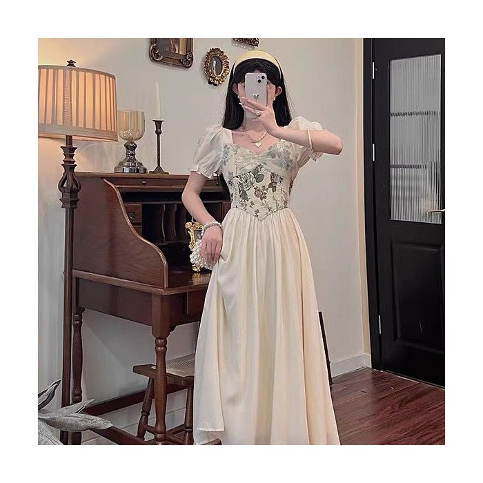 Spring and Summer square collar floral dress 2024 sweet gentle style skirt plus size waist slimming skirt cross-border womens clothing Apricot