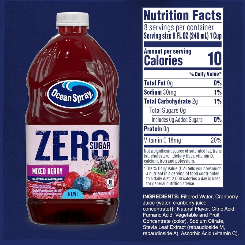 Ocean Spray مشروب عصير التوت المختلط من أوشن سبرay بدون سكر، زجاجة سعة 64 أونصة سائلة - مشروب عصير التوت المحلى بالستيفيا - Image 2