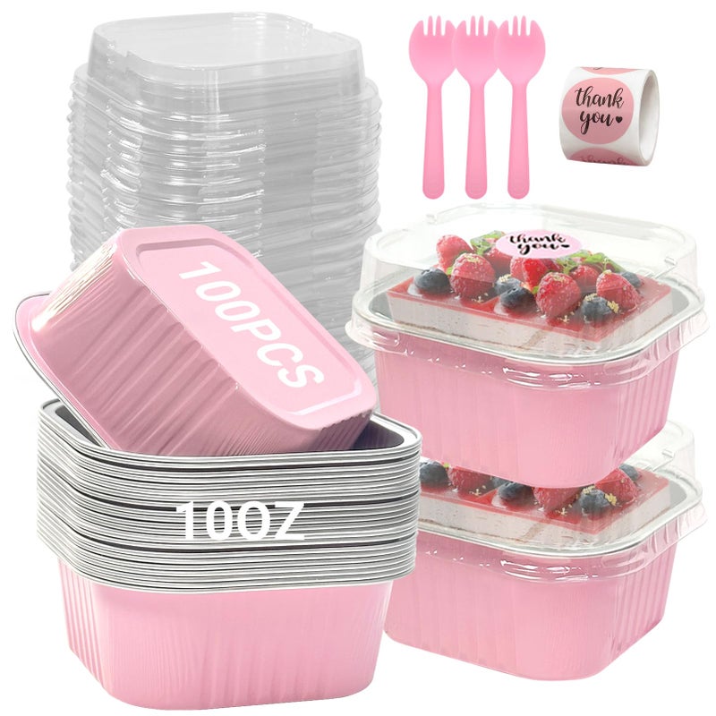 ylnurac 100 Pack 10oz Mini Cake Pans With Lids Aluminum Foil Square Brownie Baking CupsDisposable 4x4 Large Cupcake PanJumbo Muffin Tin Ramekins HoldersPink - Image 2