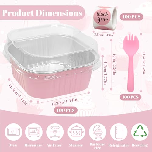 ylnurac 100 Pack 10oz Mini Cake Pans With Lids Aluminum Foil Square Brownie Baking CupsDisposable 4x4 Large Cupcake PanJumbo Muffin Tin Ramekins HoldersPink - Image 3