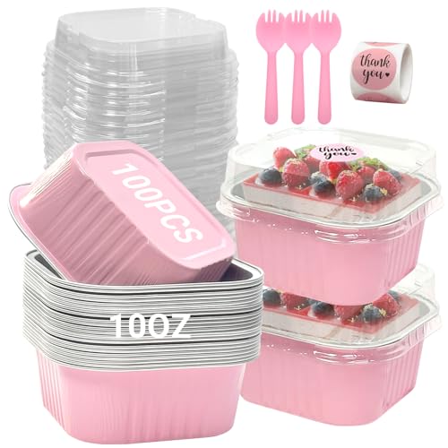 ylnurac 100 Pack 10oz Mini Cake Pans With Lids Aluminum Foil Square Brownie Baking CupsDisposable 4x4 Large Cupcake PanJumbo Muffin Tin Ramekins HoldersPink - Image 1