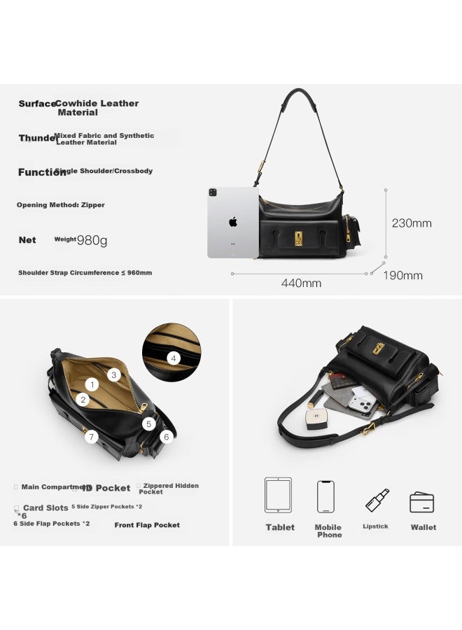 Hrhr Women's Bag Hobo Bag Luxury High-end Feel Shoulder Crossbody Bag First Layer Cowhide Large Capacity Commuter Bag - Image 3