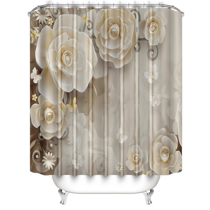 Chrainy 4Pcs White Flowers Shower Curtain Sets Elegant Blossom Floral Bathroom Accessories Set Butterfly Modern Waterproof Bathroom Decor with Rugs and 12 Hooks - Image 3
