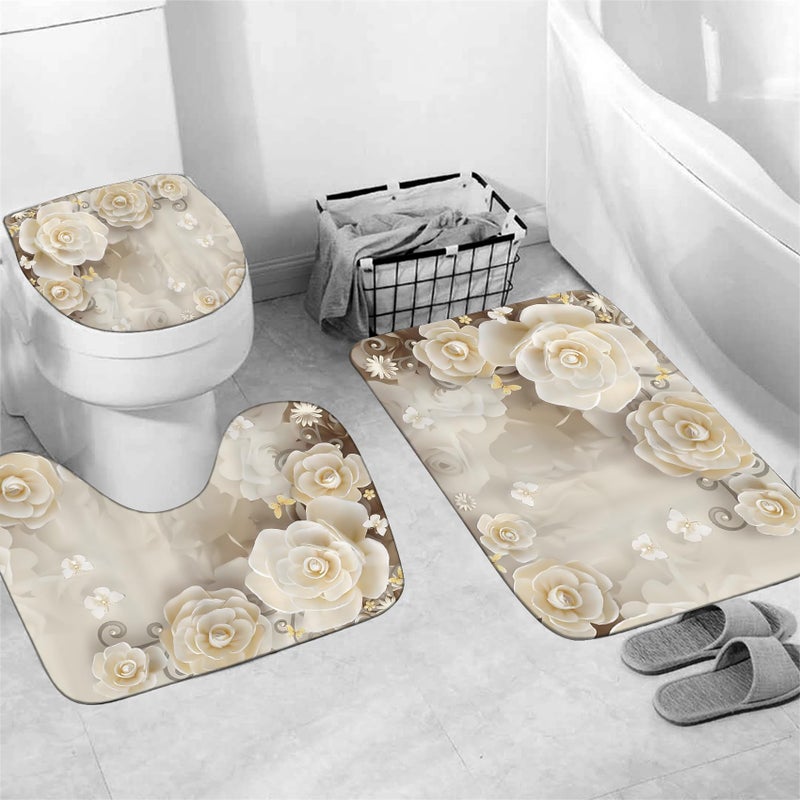 Chrainy 4Pcs White Flowers Shower Curtain Sets Elegant Blossom Floral Bathroom Accessories Set Butterfly Modern Waterproof Bathroom Decor with Rugs and 12 Hooks - Image 4