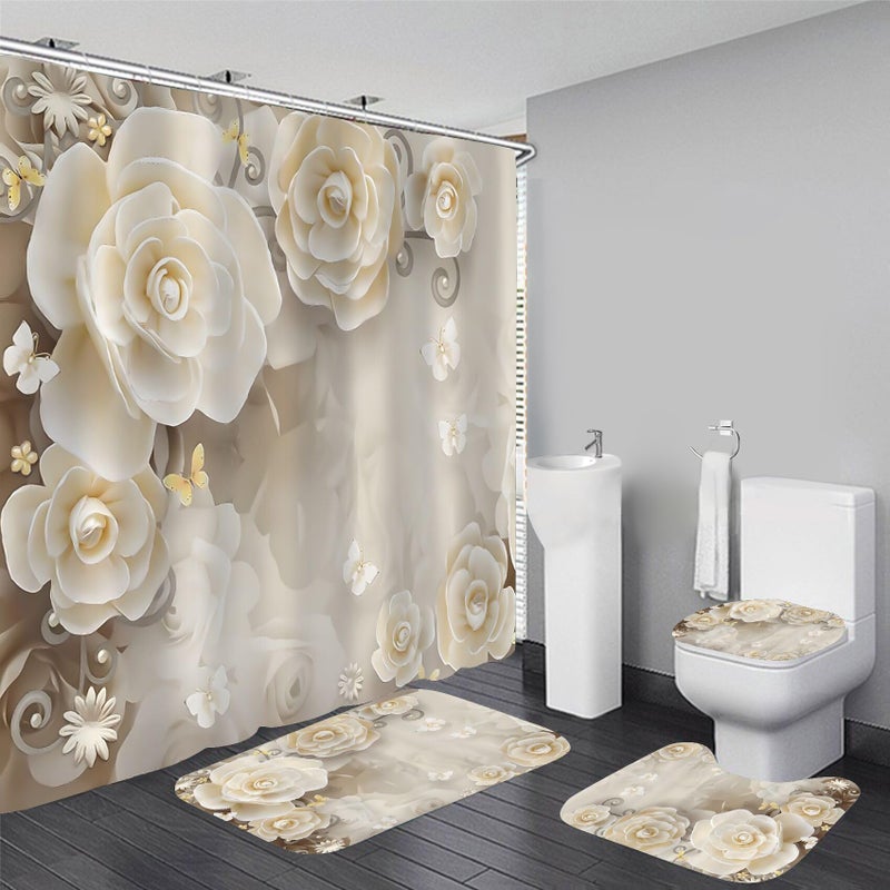 Chrainy 4Pcs White Flowers Shower Curtain Sets Elegant Blossom Floral Bathroom Accessories Set Butterfly Modern Waterproof Bathroom Decor with Rugs and 12 Hooks - Image 1