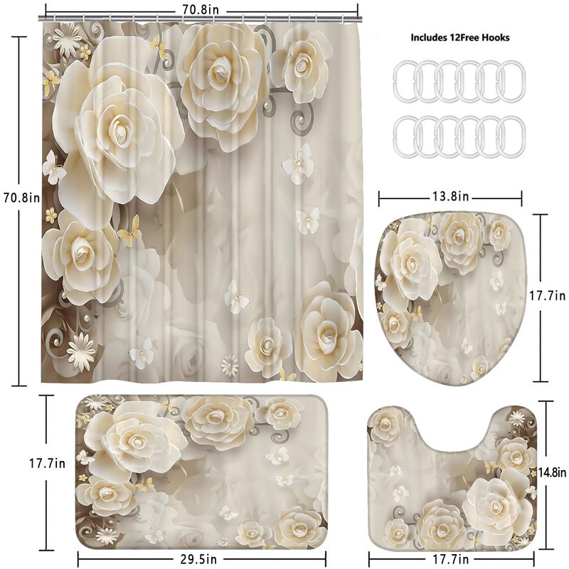 Chrainy 4Pcs White Flowers Shower Curtain Sets Elegant Blossom Floral Bathroom Accessories Set Butterfly Modern Waterproof Bathroom Decor with Rugs and 12 Hooks - Image 5