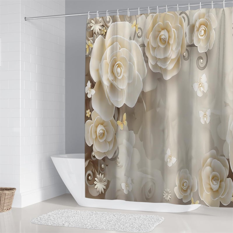 Chrainy 4Pcs White Flowers Shower Curtain Sets Elegant Blossom Floral Bathroom Accessories Set Butterfly Modern Waterproof Bathroom Decor with Rugs and 12 Hooks - Image 2