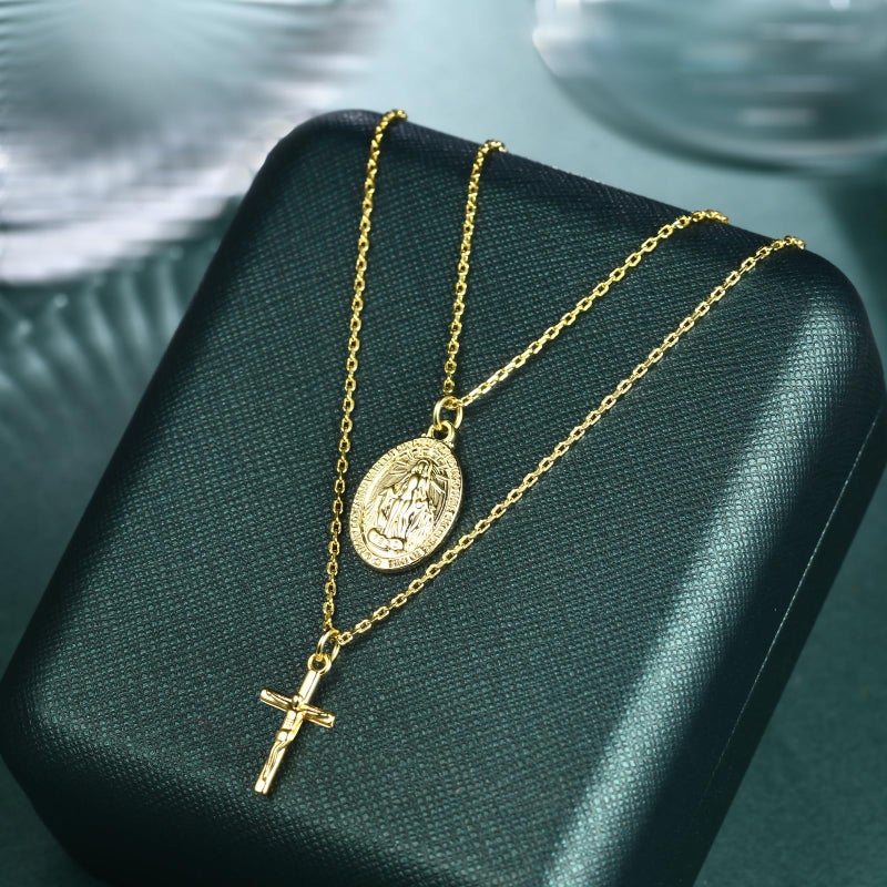 AllenCOCO Gold Cross Necklaces for Women, Crucifix Necklaces, Dainty Virgin Mary Necklace, Virgen de Guadalupe, Layered Pendants Chain Non Tarnish - Image 3