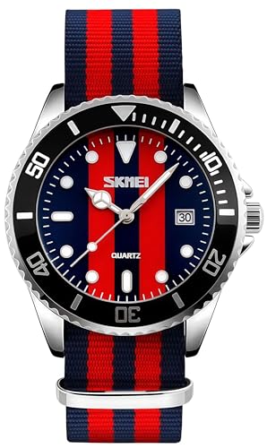 MASTOPMen's Quartz Watch Nylon Strap British Style Business Sports Date Display Waterproof Dress Watches (Blue red) - Image 1