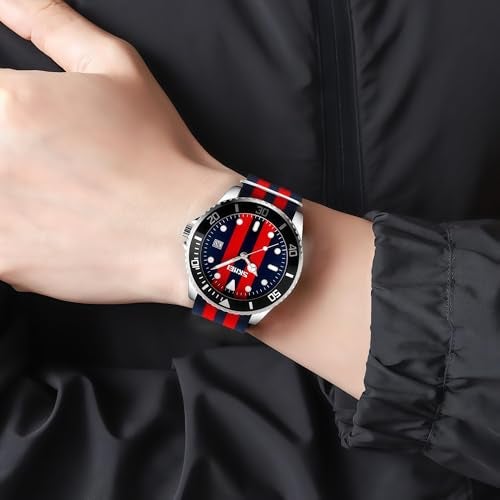 MASTOPMen's Quartz Watch Nylon Strap British Style Business Sports Date Display Waterproof Dress Watches (Blue red) - Image 4