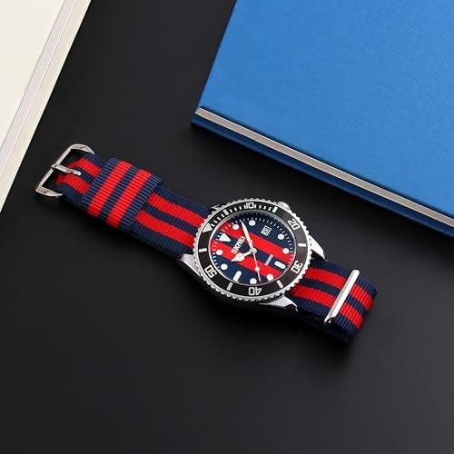 MASTOPMen's Quartz Watch Nylon Strap British Style Business Sports Date Display Waterproof Dress Watches (Blue red) - Image 3