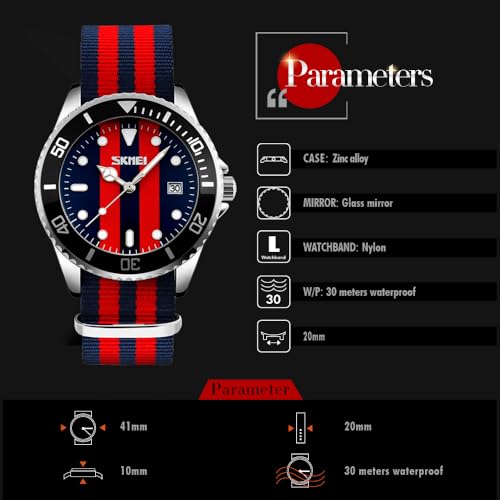 MASTOPMen's Quartz Watch Nylon Strap British Style Business Sports Date Display Waterproof Dress Watches (Blue red) - Image 5