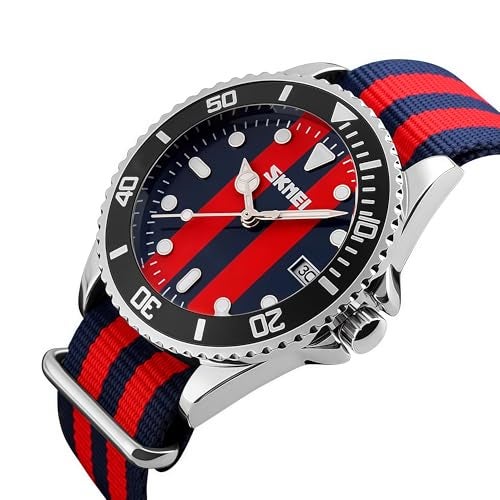 MASTOPMen's Quartz Watch Nylon Strap British Style Business Sports Date Display Waterproof Dress Watches (Blue red) - Image 2