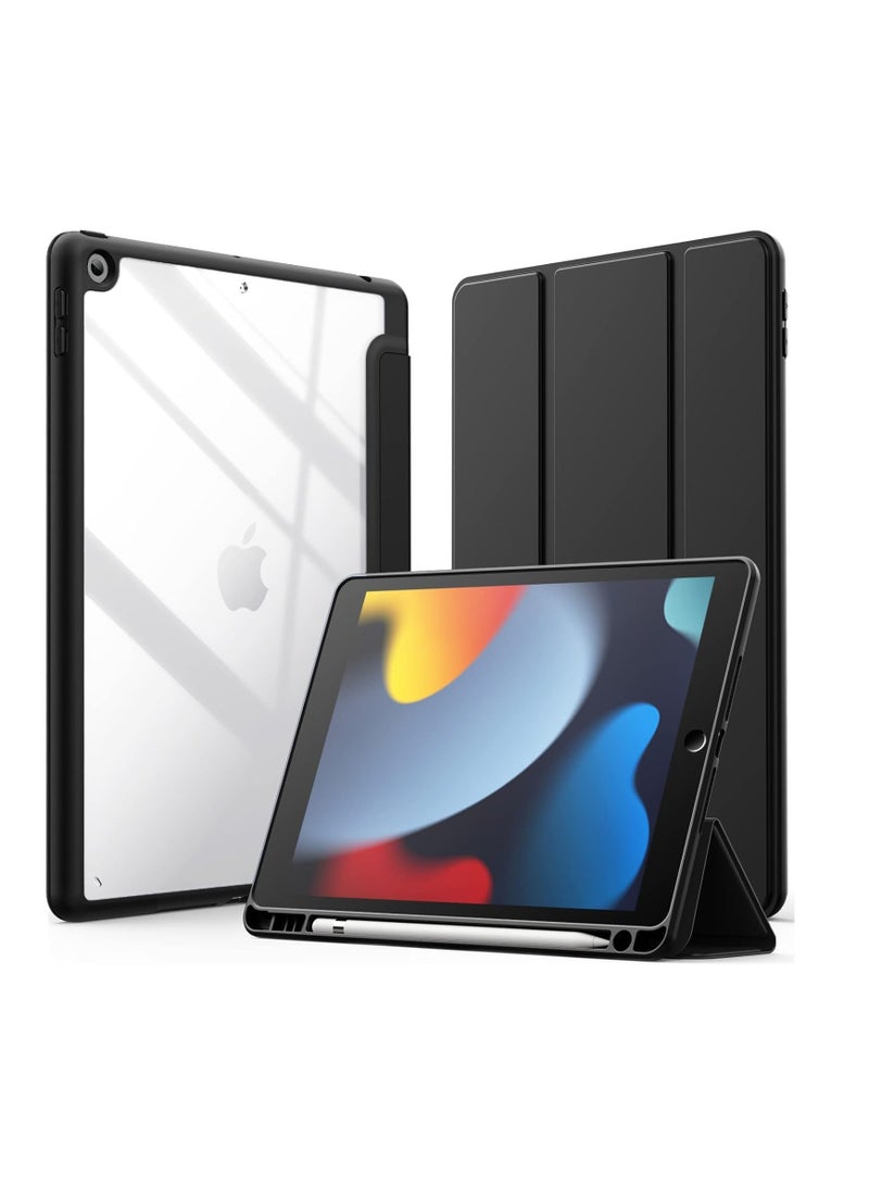 حافظة لجهاز iPad مقاس 10.2 بوصة (الجيل التاسع/الثامن/السابع، 2021/2020/2019)، غطاء خلفي شفاف مقاوم للصدمات مع حامل قلم مدمج، خاصية السكون/التنشيط التلقائي (أسود) - Image 1