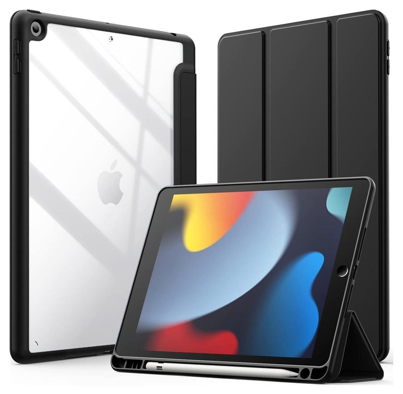 Case for iPad 10.2-Inch (9th/8th/7th Generation, 2021/2020/2019),Clear Shockproof Back Cover Built-in Pencil Holder,Auto Sleep/Wake (Black) - Image 1