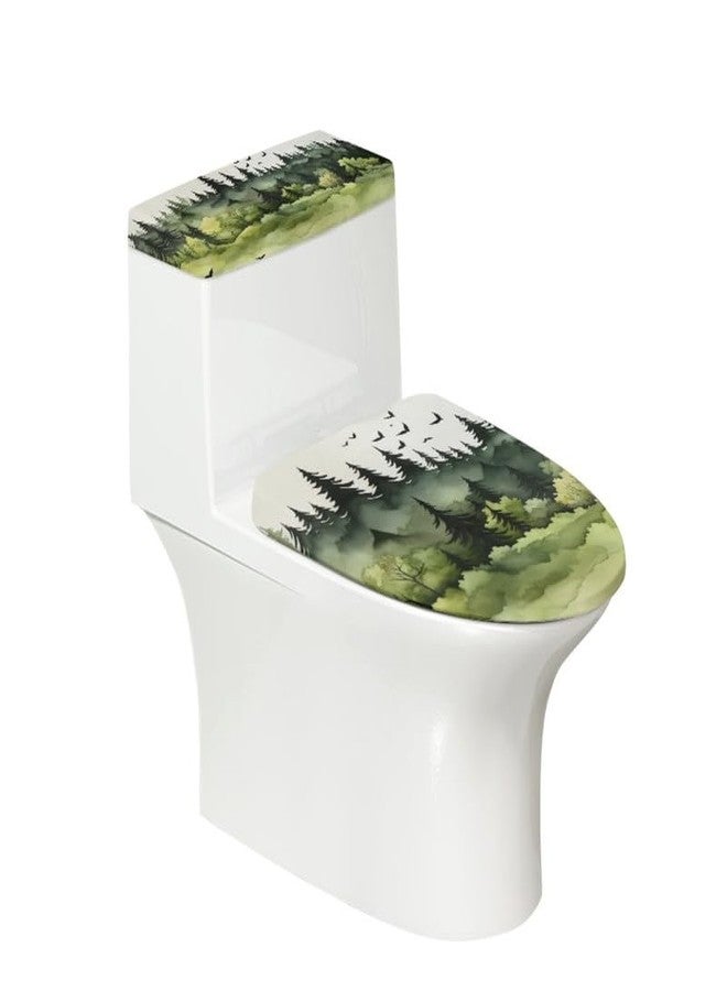 Daulesho Green Ink Wash Painting Toilet Lid and Tank Cover Watercolor Forest Decorations Bathroom Stretch Toilet Protector Cover Chinese Landscape Painting Toilet Lid Cover - Image 2