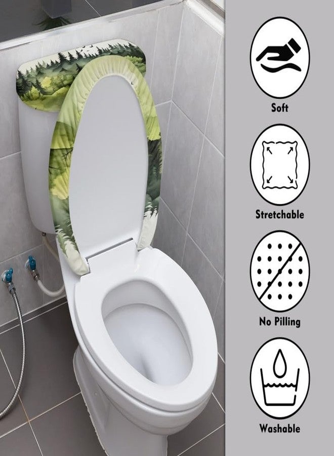 Daulesho Green Ink Wash Painting Toilet Lid and Tank Cover Watercolor Forest Decorations Bathroom Stretch Toilet Protector Cover Chinese Landscape Painting Toilet Lid Cover - Image 3