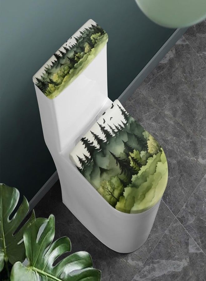 Daulesho Green Ink Wash Painting Toilet Lid and Tank Cover Watercolor Forest Decorations Bathroom Stretch Toilet Protector Cover Chinese Landscape Painting Toilet Lid Cover - Image 1