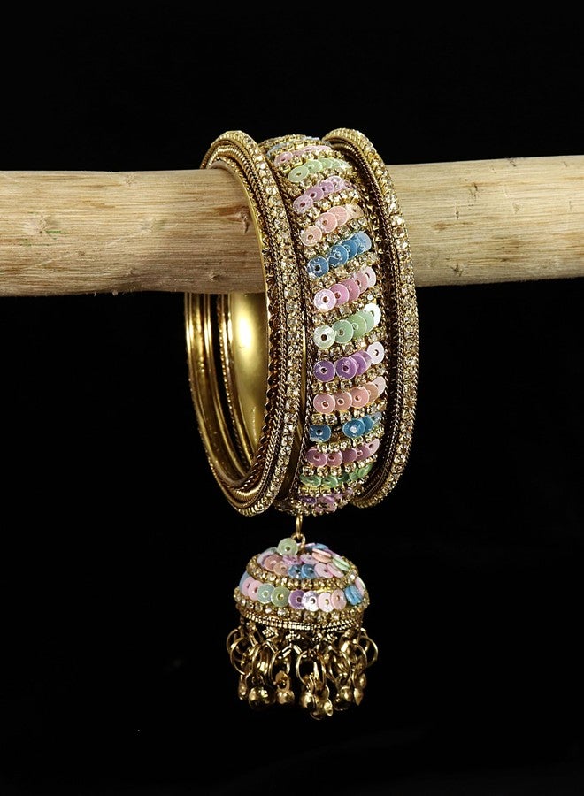 NMII Stylish Zircon Stone & Colorful Beads Metal Bangles with Latkan For Women & Girls | Wedding Bridal Bangles | Metal Kada Kangan | Metal Bangles For Women | Kanch ke Kade-(NAB93-Antique-2.4) - Image 5