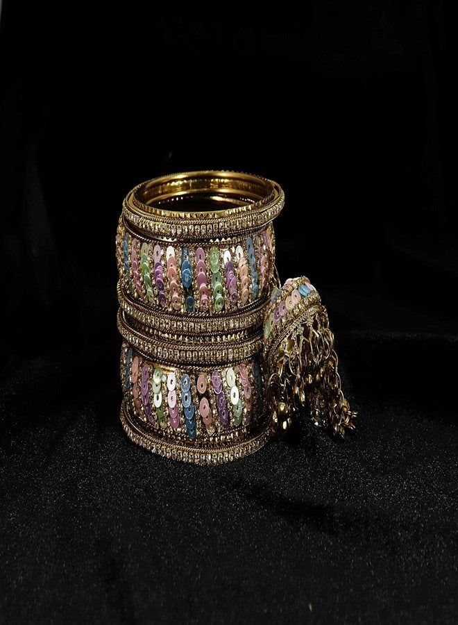 NMII Stylish Zircon Stone & Colorful Beads Metal Bangles with Latkan For Women & Girls | Wedding Bridal Bangles | Metal Kada Kangan | Metal Bangles For Women | Kanch ke Kade-(NAB93-Antique-2.4) - Image 3