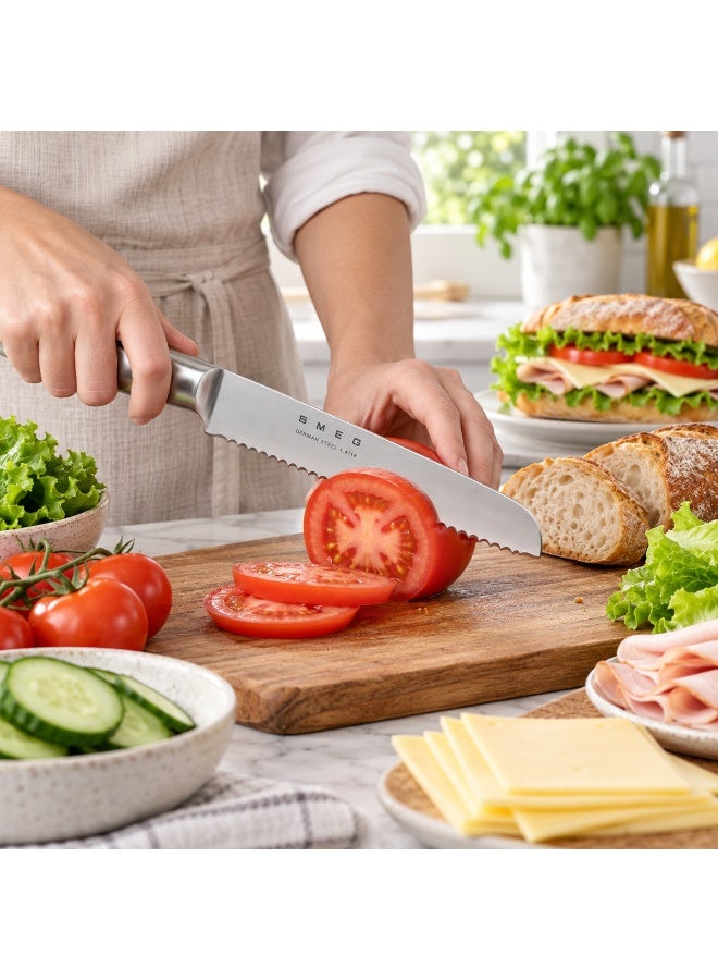 سميج سكين مطبخ متعددة الاستخدامات SMEG بشفرة مسننة 13 سم 5 إنش من فولاذ German Steel 1.4116 – سكين Utility Knife لتقطيع شرائح الطماطم والفواكه والخضروات والخبز الصغير والسندويتشات والمخبوزات والمكونات اليومية، تصميم ستانلس ستيل مدمج لتحضير الطعام والاستخدام اليومي في المطبخ - Image 5
