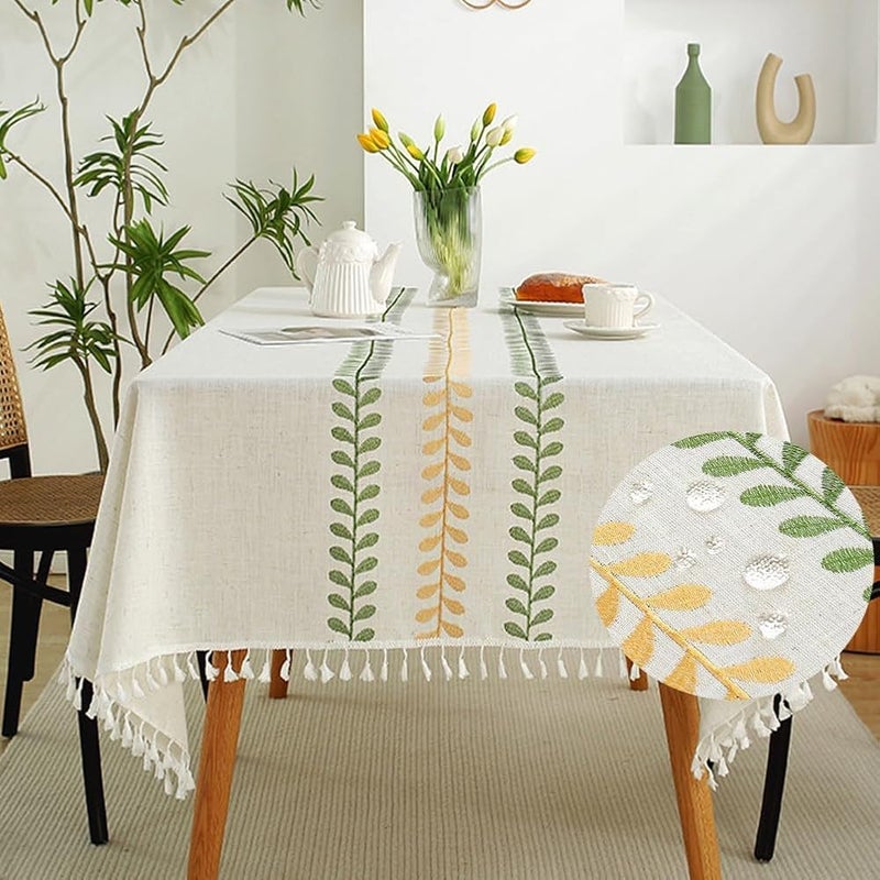 Square Tablecloth – 140x220cm, Spring Leaves with Small Spikelet Border, Waterproof, Wipe Clean