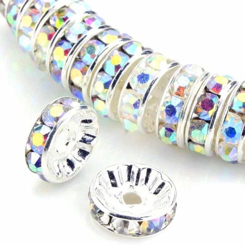 Weebee 100Pcs Rondelle Spacer Beads Crystal Charms Silver Plated Czech Rhinestone Loose Beads for Jewelry Making DIY Bracelets Ab Crystal 8mm
