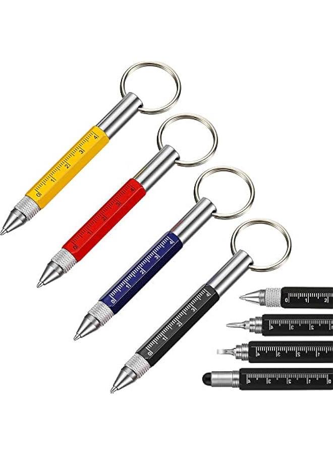 Arabest 4 Pieces 6 in 1 Multitool Tech Tool Pen Key Ring Screwdriver Pen with Ruler, Two-head Ballpoint Refills Metal Tool for Office Staff, Construction Workers, Red, Yellow, Blue, Black  - Image 1