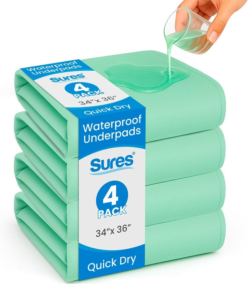 SURES Washable, Waterproof Bed Pad & Mattress Protector for Incontinence (34" x 36" - 4 Pack) - Reusable Bed Pad for Adults & Elderly - Bed Wetting Protection Mattress Pad - Underpad Bedwetting Sheet - Image 1