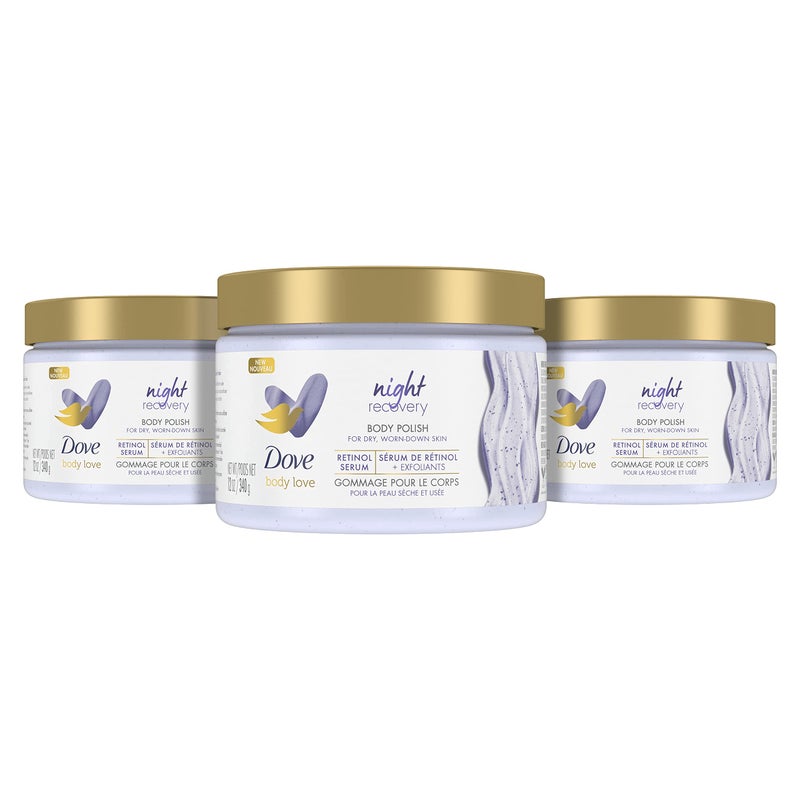 Dove Body Love Body Polish Night Recovery 3 Count for Dry, Worn-Down Skin, Body Scrub with Retinol and Botanical Oils for Silky, Smooth Skin 12 oz - Image 1