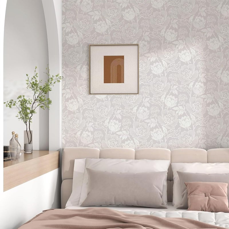 Froluya Vintage Floral Peel and Stick Wallpaper White Floral Contact Paper 16.9" x 118.1" Boho Self Adhesive Wallpaper Modern Neutral Flower Removable Wall Paper for Bedroom Cabinets Decorative Vinyl - Image 2