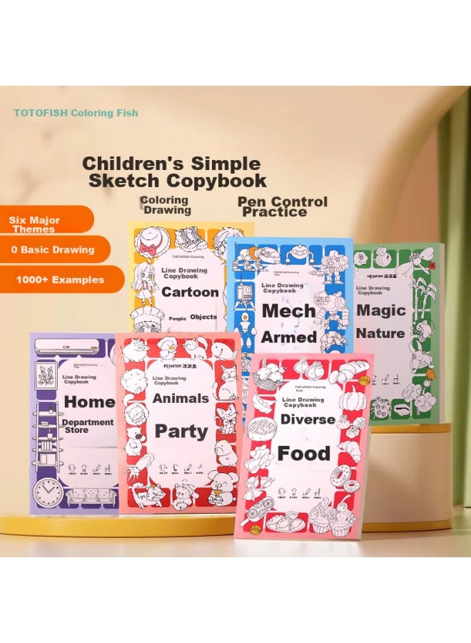 Painted Fish set Of 6 Line Drawing Copybooks For Children, Children's Simple Sketch Copybook, Drawing Book, Copybook For Children To Color And Fill, Practice Sketching, Simple Sketching, Crayo - Image 1